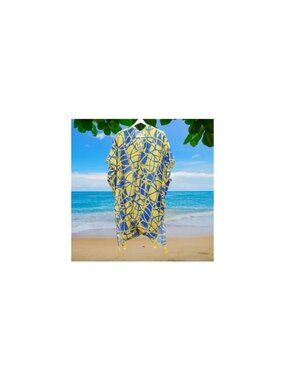 Abstract Blue & Yellow Printed Kimono Beach Cover-Up Tassel One Size Cruise New